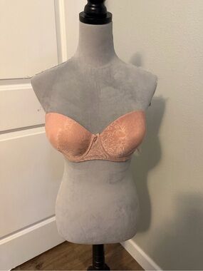 Black Fuchsia by Secret Lace Strapless Peach Lace Balconette Bra, Sz 40C